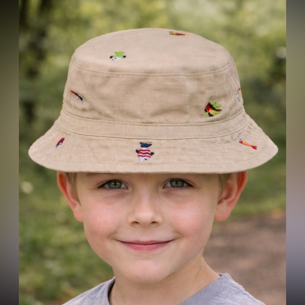Janie & Jack Kids Tan Bucket Hat with Embroidered Fish Accents